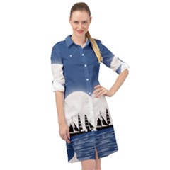 Boat Silhouette Moon Sailing Long Sleeve Mini Shirt Dress