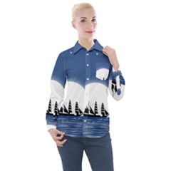 Boat Silhouette Moon Sailing Women s Long Sleeve Pocket Shirt