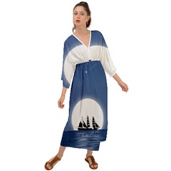 Boat Silhouette Moon Sailing Grecian Style  Maxi Dress