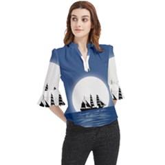 Boat Silhouette Moon Sailing Loose Horn Sleeve Chiffon Blouse