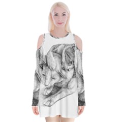 Cat Drawing Art Velvet Long Sleeve Shoulder Cutout Dress by HermanTelo