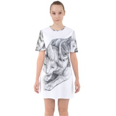 Cat Drawing Art Sixties Short Sleeve Mini Dress