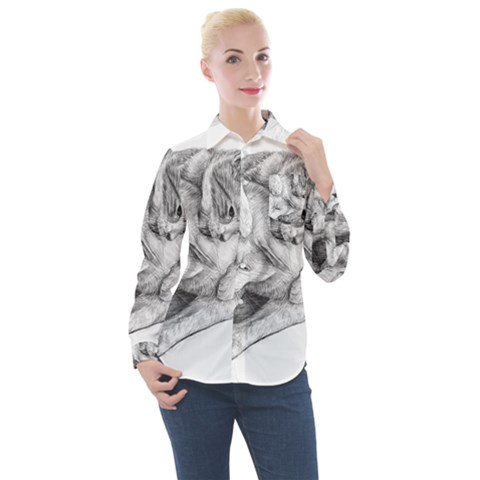 Cat Drawing Art Women s Long Sleeve Pocket Shirt by HermanTelo