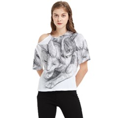 Cat Drawing Art One Shoulder Cut Out Tee by HermanTelo