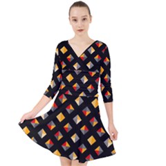 Geometric Diamond Tile Quarter Sleeve Front Wrap Dress by tmsartbazaar