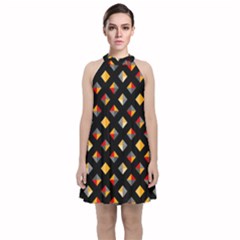 Geometric Diamond Tile Velvet Halter Neckline Dress  by tmsartbazaar