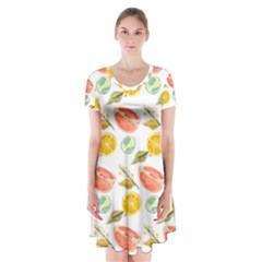 Citrus Gouache Pattern Short Sleeve V-neck Flare Dress by EvgeniaEsenina