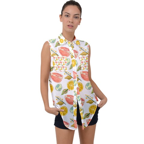 Citrus Gouache Pattern Sleeveless Chiffon Button Shirt by EvgeniaEsenina