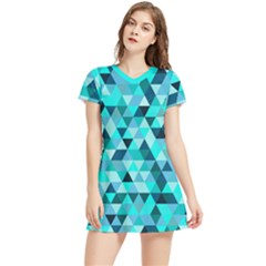 Teal Triangles Pattern Short Sleeve V-neck Dress