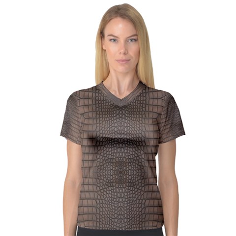 Brown Alligator Leather Skin V-neck Sport Mesh Tee by LoolyElzayat