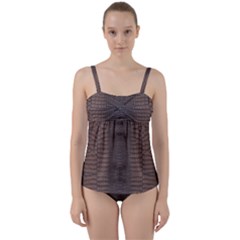 Brown Alligator Leather Skin Twist Front Tankini Set by LoolyElzayat