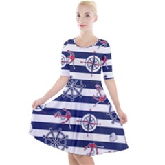 Seamless-marine-pattern Quarter Sleeve A-line Dress