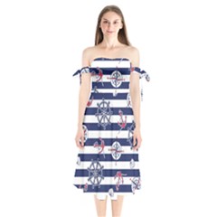 Seamless-marine-pattern Shoulder Tie Bardot Midi Dress