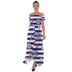 Seamless-marine-pattern Off Shoulder Open Front Chiffon Dress