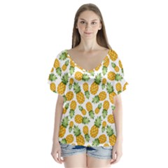 Pineapples V-neck Flutter Sleeve Top