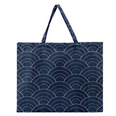 Blue Sashiko Pattern Zipper Large Tote Bag