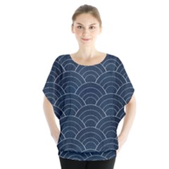 Blue Sashiko Pattern Batwing Chiffon Blouse