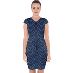 Blue Sashiko Pattern Capsleeve Drawstring Dress  by goljakoff