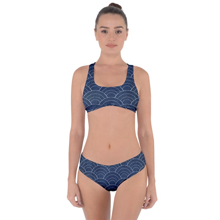 Blue Sashiko pattern Criss Cross Bikini Set