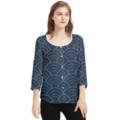 Blue Sashiko Pattern Chiffon Quarter Sleeve Blouse