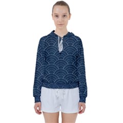 Blue Sashiko Pattern Women s Tie Up Sweat