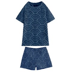 Blue Sashiko Pattern Kids  Swim Tee And Shorts Set by goljakoff