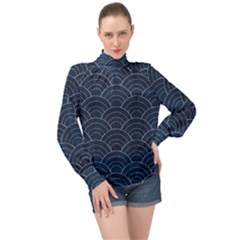 Blue Sashiko Pattern High Neck Long Sleeve Chiffon Top by goljakoff