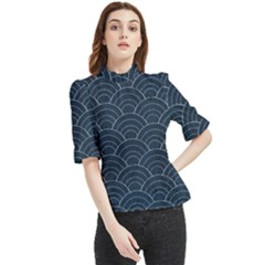 Blue Sashiko Pattern Frill Neck Blouse