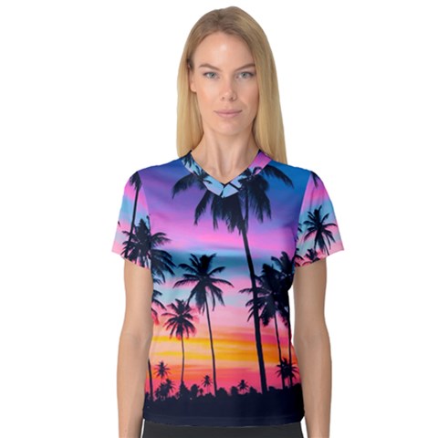 Sunset Palms V-neck Sport Mesh Tee by goljakoff