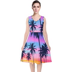 Sunset Palms V-neck Midi Sleeveless Dress 