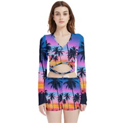 Sunset Palms Velvet Wrap Crop Top And Shorts Set by goljakoff