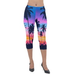 Sunset Palms Lightweight Velour Capri Leggings  by goljakoff