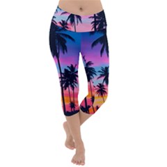 Sunset Palms Lightweight Velour Capri Yoga Leggings by goljakoff