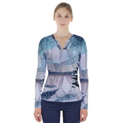 Winter Landscape Low Poly Polygons V-neck Long Sleeve Top by HermanTelo