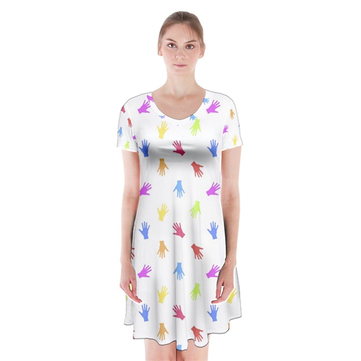 Multicolored Hands Silhouette Motif Design Short Sleeve V-neck Flare Dress