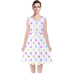 Multicolored Hands Silhouette Motif Design V-neck Midi Sleeveless Dress 