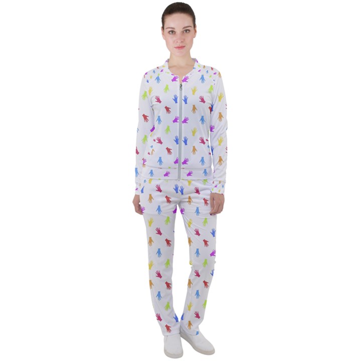 Multicolored Hands Silhouette Motif Design Casual Jacket and Pants Set