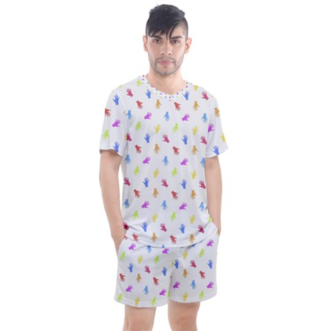 Multicolored Hands Silhouette Motif Design Men s Mesh Tee And Shorts Set by dflcprintsclothing