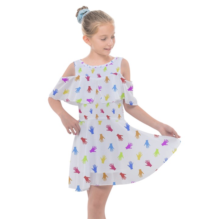 Multicolored Hands Silhouette Motif Design Kids  Shoulder Cutout Chiffon Dress