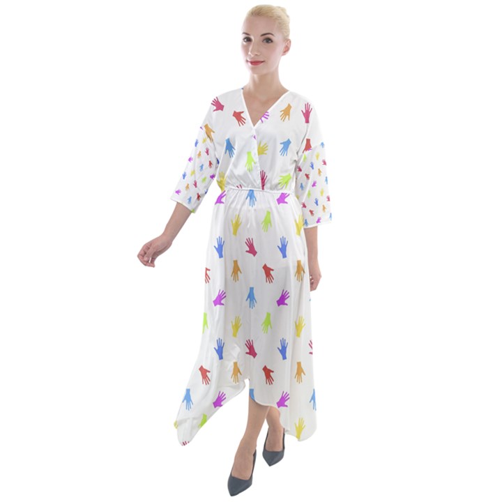 Multicolored Hands Silhouette Motif Design Quarter Sleeve Wrap Front Maxi Dress