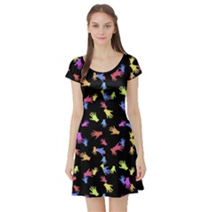 Multicolored Hands Silhouette Motif Design Short Sleeve Skater Dress