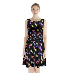 Multicolored Hands Silhouette Motif Design Sleeveless Waist Tie Chiffon Dress