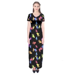 Multicolored Hands Silhouette Motif Design Short Sleeve Maxi Dress