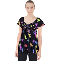 Multicolored Hands Silhouette Motif Design Lace Front Dolly Top