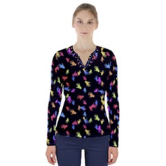 Multicolored Hands Silhouette Motif Design V-neck Long Sleeve Top by dflcprintsclothing