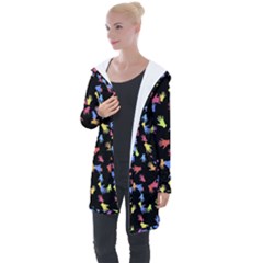 Multicolored Hands Silhouette Motif Design Longline Hooded Cardigan