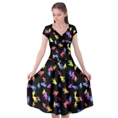 Multicolored Hands Silhouette Motif Design Cap Sleeve Wrap Front Dress