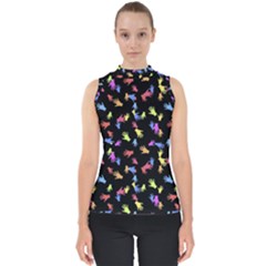 Multicolored Hands Silhouette Motif Design Mock Neck Shell Top