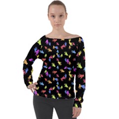 Multicolored Hands Silhouette Motif Design Off Shoulder Long Sleeve Velour Top by dflcprintsclothing