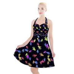 Multicolored Hands Silhouette Motif Design Halter Party Swing Dress 